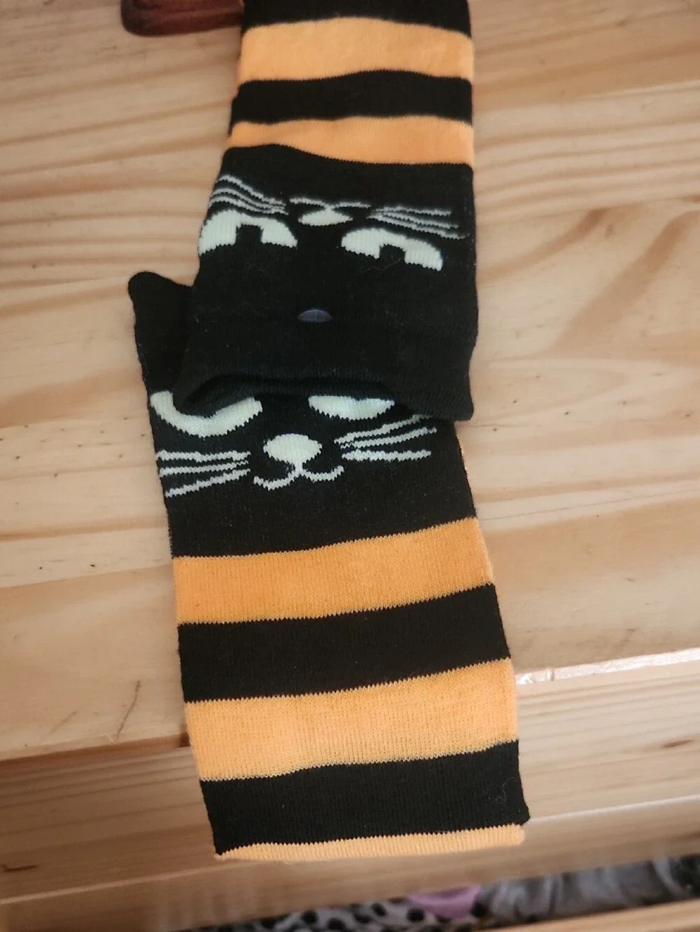Black and Orange Striped Cat Face Halloween Socks